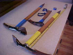 3 Chouinard-Frost  ice axes from an estate    2 long and one short - with covers