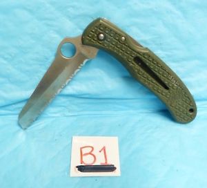 USED SPYDERCO FOLDING KNIFE: RARE GREEN SERRATED CLIP-IT RESCUE 3.25" BLD B13-B1