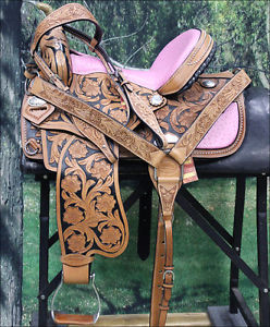 HILASON WESTERN LEATHER BARREL RACING TRAIL SADDLE W/ HEADSTALL BREAST COLLAR 15