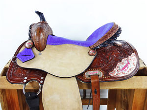 14" PURPLE COWGIRL UP WESTERN BARREL RACING LEATHER TRAIL SHOW HORSE SADDLE TACK