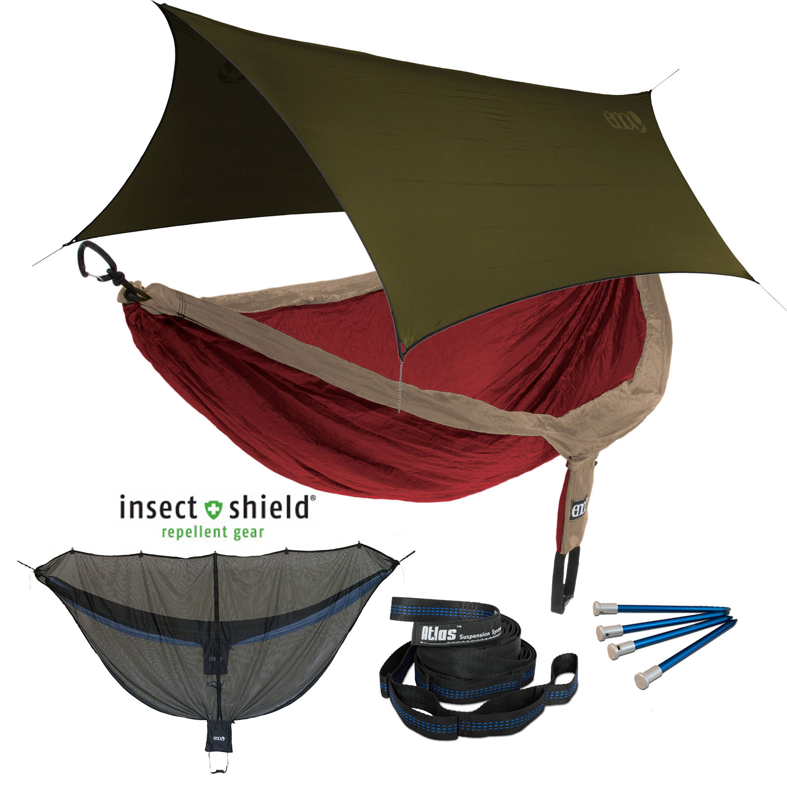 ENO DoubleNest OneLink Sleep System -Tomato/Khaki Hammock w/ Insect Shield Olive