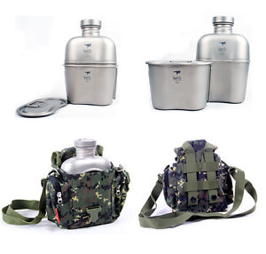 Titanium Army Canteen 1100ml Water Bottle+700ml Cup Fold Handle Lunch Box& Cover