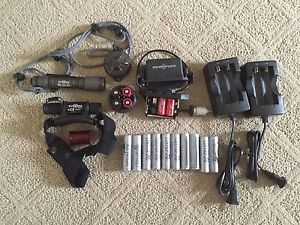 SureFire Minimus Headlamp, Saint battery pack, A2 aviator flashlight, batt case