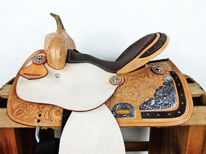 14" ROUGH OUT SILVER LEATHER WESTERN BARREL RACING TRAIL SHOW HORSE SADDLE TACK