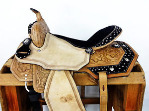 16" BLACK ROUGH OUT WESTERN BARREL RACING TRAIL SHOW LEATHER HORSE SADDLE TACK