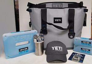 NEW YETI Hopper 30 PORTABLE COOLER GREY BLUE 6LB ICE RAMBLER HAT BOTTLE OPENER