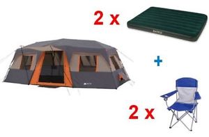 Ozark Trail 12 Person 3 Room Instant Tent with 2 Airbeds and 2 Chairs  Bundle