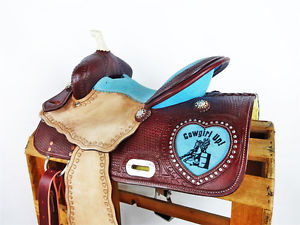 15" BLUE COWGIRL UP LEATHER WESTERN BARREL RACING SHOW HORSE SADDLE TRAIL TACK