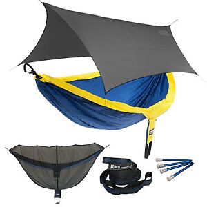 ENO DoubleNest OneLink Sleep System - Sapphire/Yellow Hammock With Grey Profly