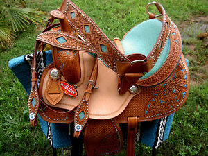 15" Horse Western Barrel Show Pleasure LEATHER SADDLE Bridle  5071