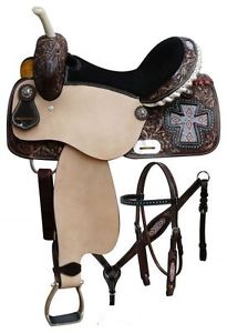 15" Beaded Cross Leather Barrel Racing Saddle Bridle Headstall Breast Collar Set