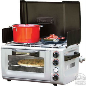 Camp Stove, Cook/Bake: 2 burners/bake 9"x 13" pan, Temp. gauge, Wind Screens