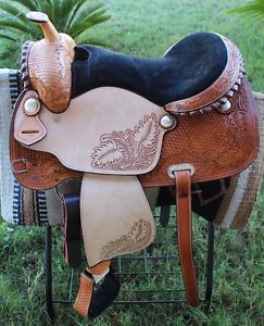 15" Horse Western Barrel Show Pleasure LEATHER SADDLE Bridle Tack USA 50DTC2