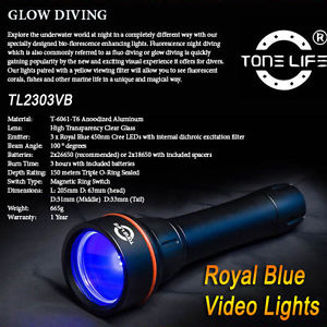 Tonelife Fluo Royal Blue 1000-1500Lm Scuba Diving Light 3xCree Led Dive Torch