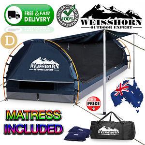 Blue Double Camping Canvas Swag with Mattress Air Pillow Awning Poles Shelter