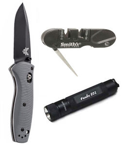 Benchmade 585BK-2 Mini Barrage Pocket Knife + Sharpener + Fenix Flashlight