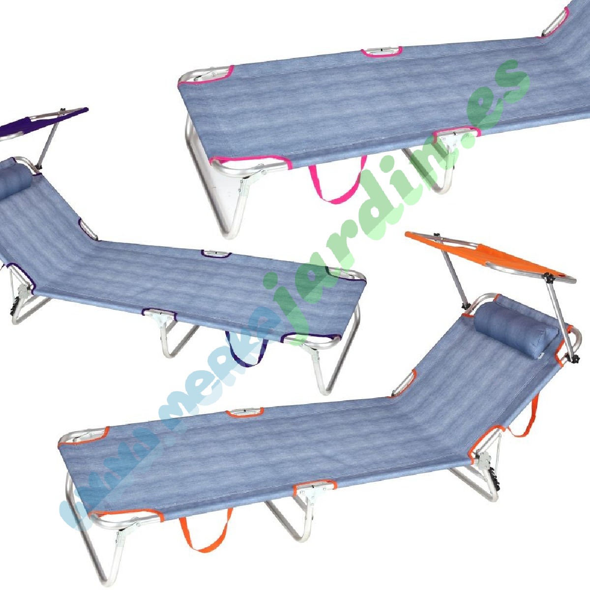 Tumbona 3 pies jeans aluminio 190 x 58 x 25 cm. Set 3 uds. 3 colores diferentes.