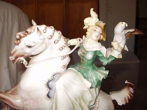 HUTSCHENREUTHER porcelain statue LADY SIDESADDLE RIDER ON HORSEW/falcon GERMANY