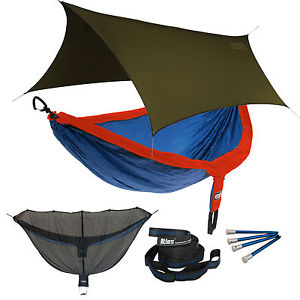 ENO DoubleNest OneLink Sleep System - Sapphire/Orange Hammock With Olive Profly