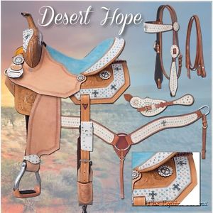 14 Inch Western Barrel Saddle Pkg - Desert Hope Motiff - White Hair - Blue Suede