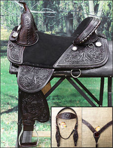 HILASON TREELESS WESTERN TRAIL BARREL RACING LEATHER SADDLE BRIDLE COLLAR SET 17