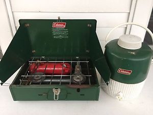 Vintage Green Coleman 425E 2 Burner Camping Cook Stove & Water Jug