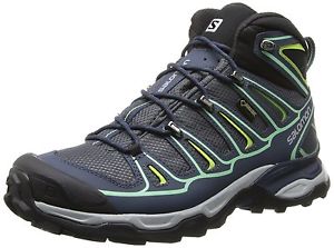 Salomon Womens X Ultra Mid 2 GTX Hiking Shoe, Grey Denim/Deep Blue/Lucite Green,