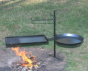 Hillbilly Camping swing over bush BBQ kit 540mm plate/grill 400mm frypan steel