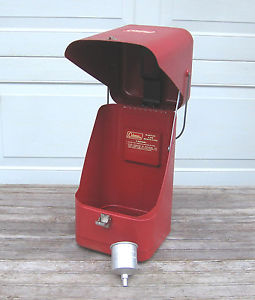 Vintage RED METAL CARRY CASE with FUNNEL for COLEMAN 200A SINGLE MANTLE LANTERN