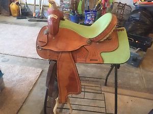 Circle M Western Saddle. 15" Seat, 8" Gullet FQHB Lime Green Ostrich Print Seat