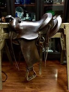SALE VTG Dark Leather Saddle 15" Seat Antique Collectible Wooden Stirrups Utahn?