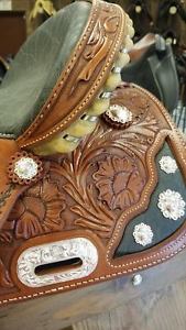 Double C Western Saddle, size: 14", Tooled Chestnut, Black Elephant print seat