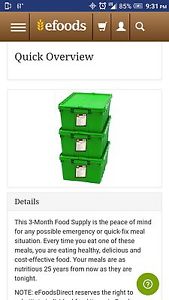 Efoods 3 month vegetarian food supply. 93 meals. Each meal makes 4-8 servings.