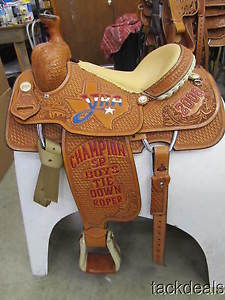 New Double J Roping Saddle Never Used 14 1/2" Tan Seat & Fancy Conchos