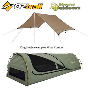 New OZtrail Mitchell King Single Canvas Swag + Oztrail Hiker Fly Shelter Combo