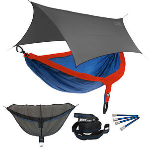 ENO DoubleNest OneLink Sleep System - Sapphire/Orange Hammock With Grey Profly