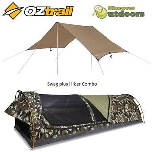 Oztrail Mitchell King Single Canvas Swag Tactix + OZtrail Hiker Fly Shelter