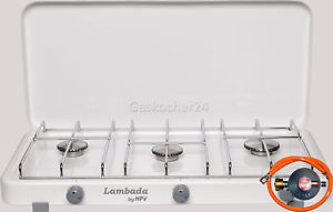 50mbar Gas cooker LAMBADA 3000Z White + SAFETY PILOT + Gaschlauch Camping stove