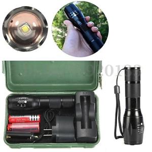 T6 LED Lampe de Poche Torche Tactique Militaire + 18650 Pile+2xChargeur +Coffret