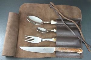 HUBERTUS TRAVELLER'S PICNIC CUTLERY SET KNIFE 2 SPOON FORK in LEATHER BAG / STAG