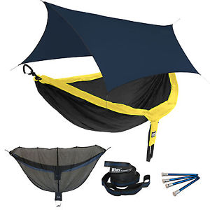 ENO DoubleNest OneLink Sleep System - Black/Yellow Hammock With Navy Profly