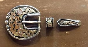 BOB BERG Western Belt Sterling Silver/Tri-Color Gold Buckle+Tip+Keeper