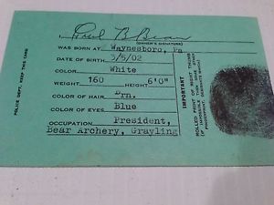 Fred Bear Personal 1965 Pistol License Signed Fingerprint Estate Relic RARE!