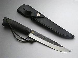 Camping Knife 180mm, Aogami Steel kurouchi with Leather Case 'Ikeuchi Blade'