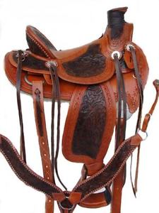 Carving on equestrian western leather saddle on 17'' with tack set