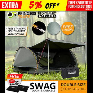 Free Standing DOUBLE Outdoor Camping Canvas Swag Aluminium Poles Tent Grey