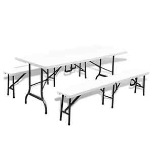 White Portable Foldable Garden Table Set 2 Benches Camping Party Waterproof