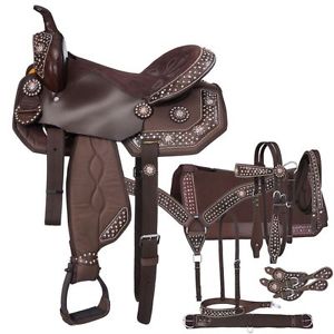 Tough 1® Pro Trail Saddle w/ Copper Crystal Spur Rowel Conchos 7 Pc Pkg 15" Brow