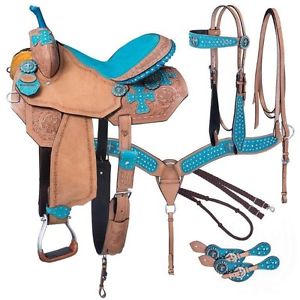 16 Inch Gypsy Spirit Western Saddle 5 Piece Pkg Blue Suede-Crystals-Silver Royal