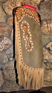 New Soft Sage Tan Leather Floral Tooled Copper Spots and Conchos Chinks Chaps